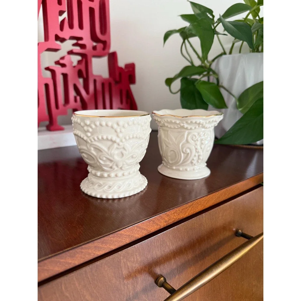 Vintage Lenox Beaded Votive Holders | Ivory Porcelain, Gold Trim (Pair)